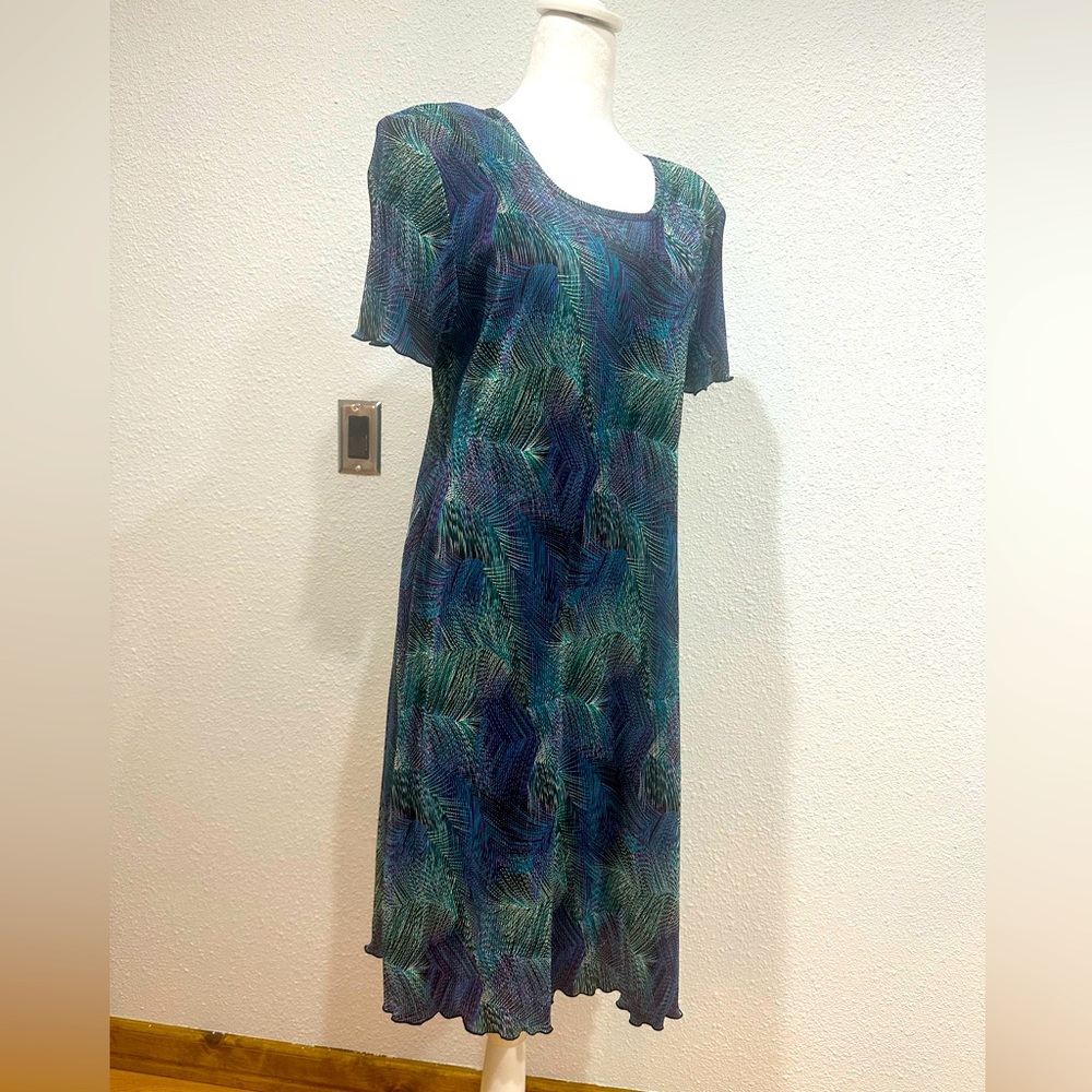dressbarn Blue and Green Printed Scoop-Neck Midi Dress